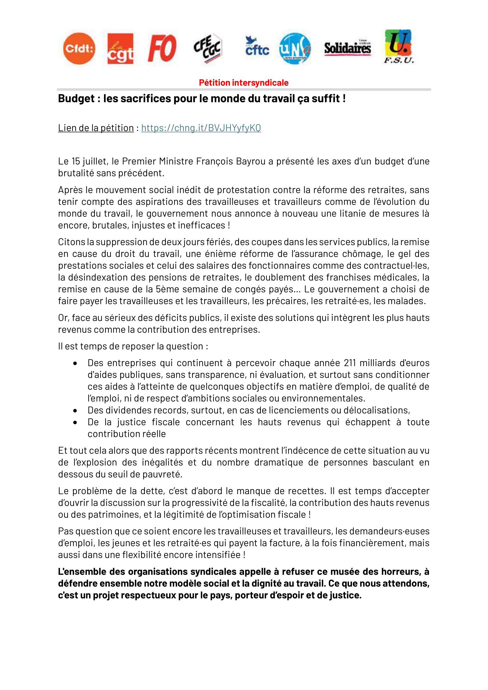IPétition intersyndicale: Les sacrifices du monde du travail, ca suffit !  Juillet 2026