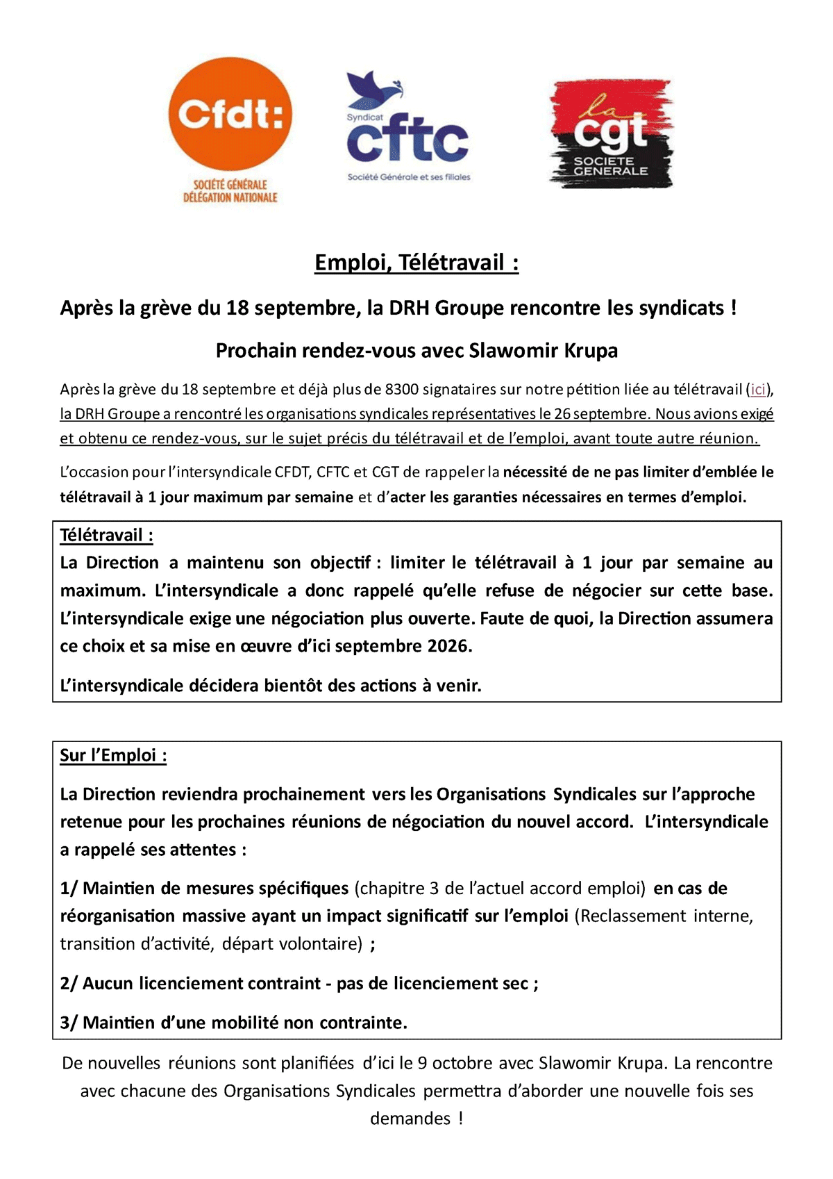 IIntersyndicale - Emploi / Télétravail : Après la grève du 18 septembre, la DRH Groupe rencontre les syndicats ! Prochain rendez-vous avec Slawomir Krupa