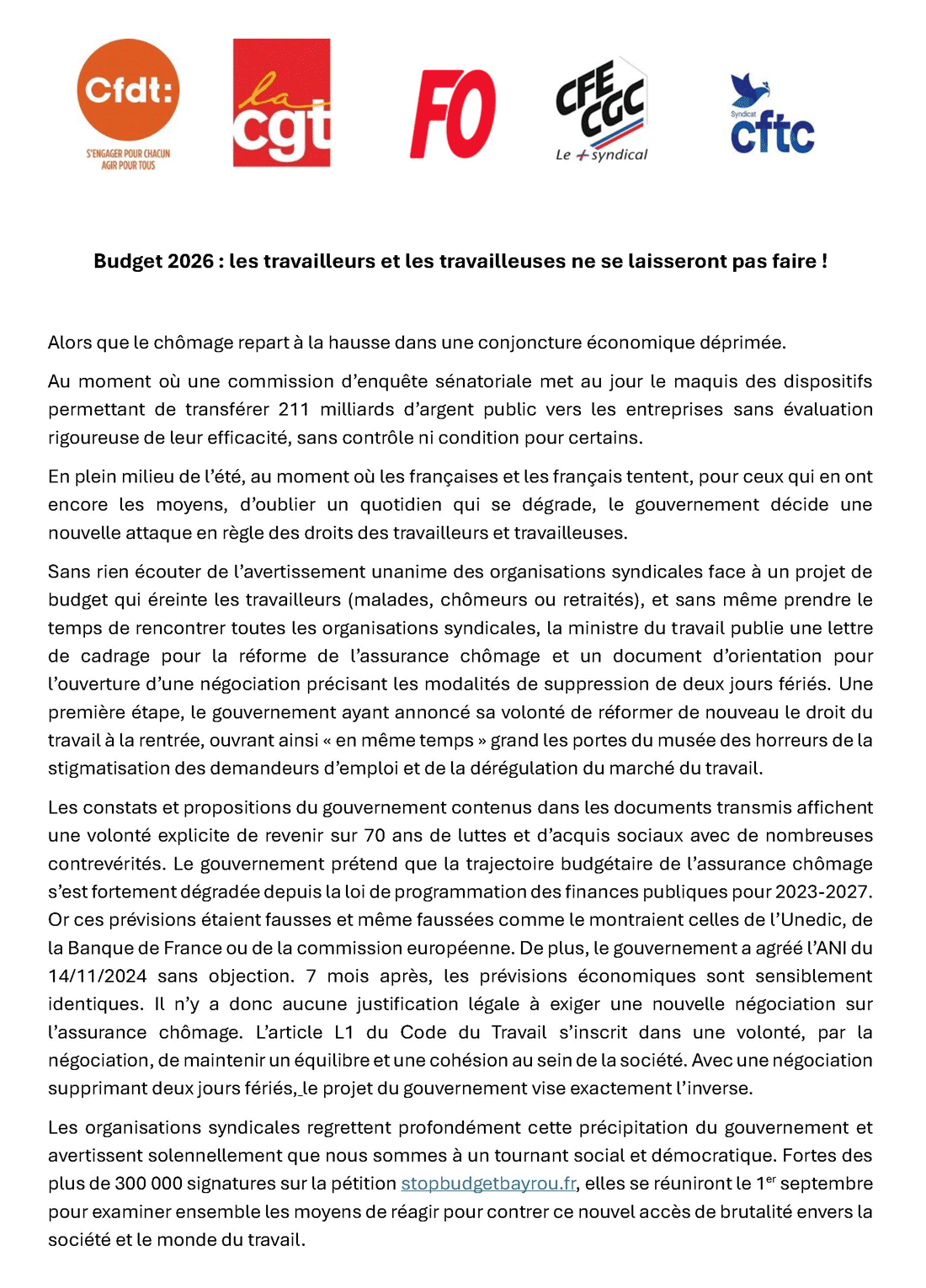 ICommuniqué intersyndical : Le monde du travail ne se laissera pas faire !